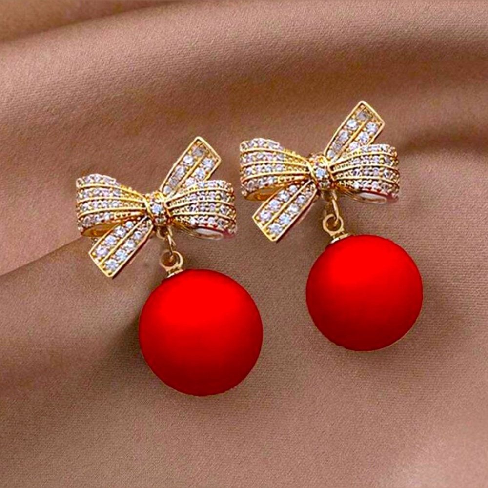 Elegant Gold and Red Bow Earrings